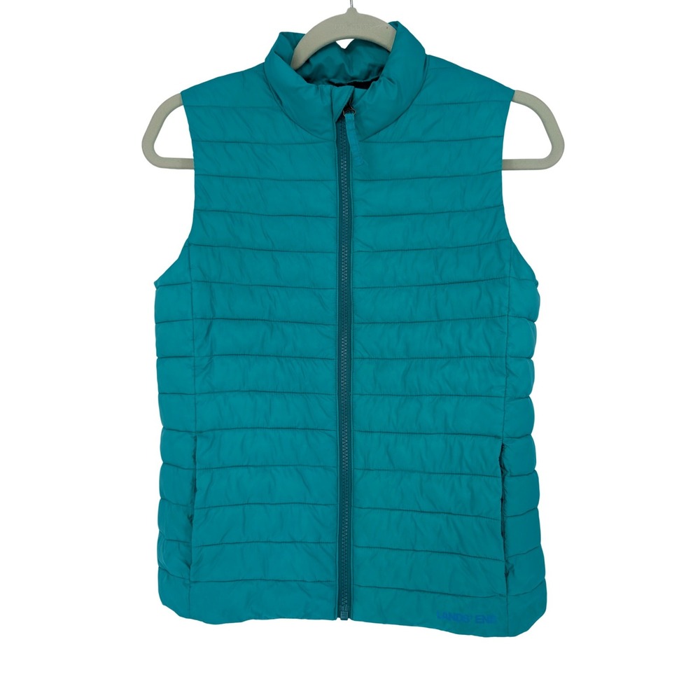 Lands' End Puffer Vest Kids M 10-12 Teal Blue PrimaLoft Quilted Full Zip Outdoor